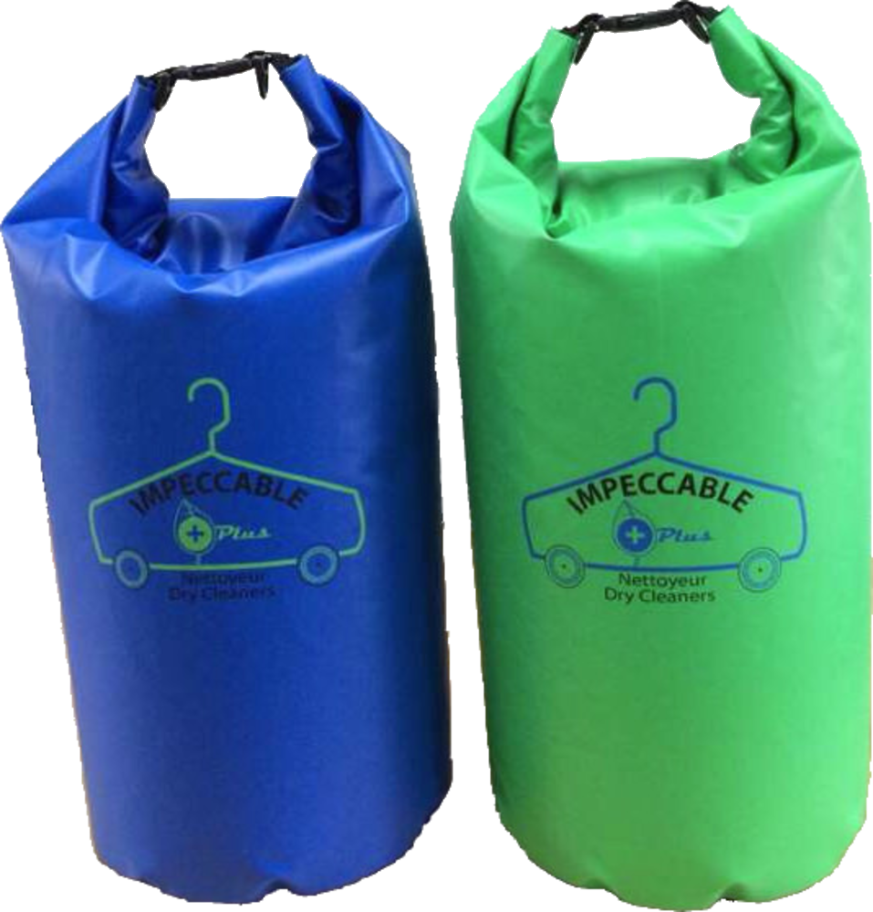 Impeccable Plus branded reusable laundry bags — blue and green